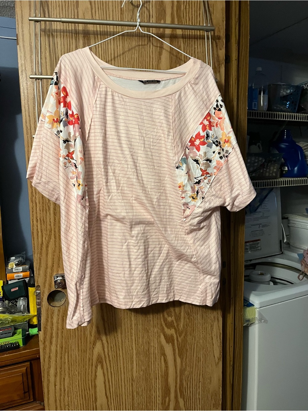 BloomChic Pale Pink Striped Tee with Floral Sleeve Panels